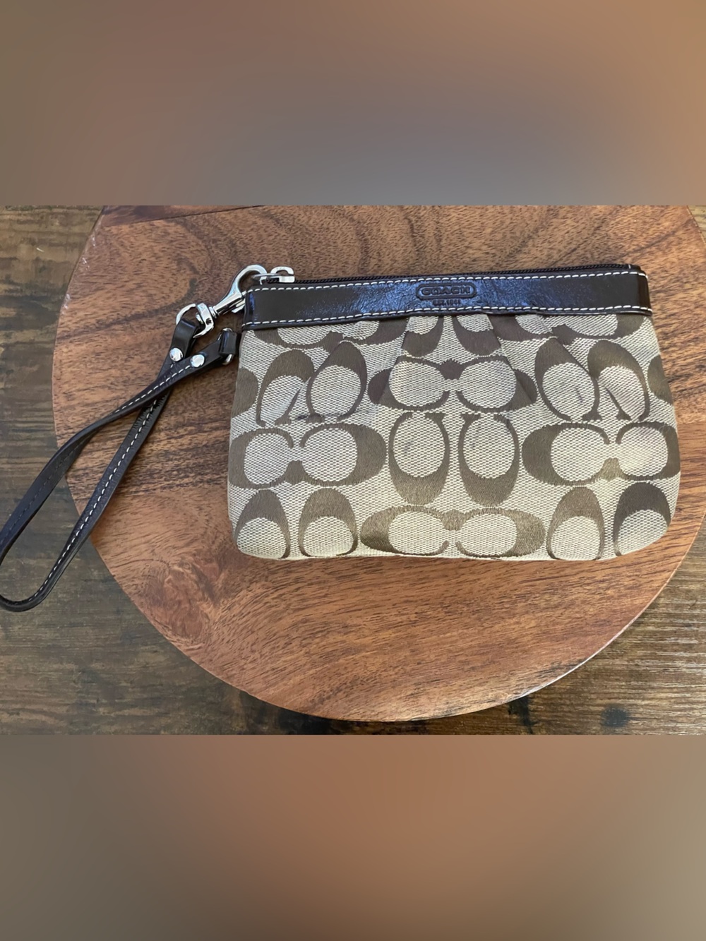 COACH Brown & Tan Signature Jacquard Wristlet
